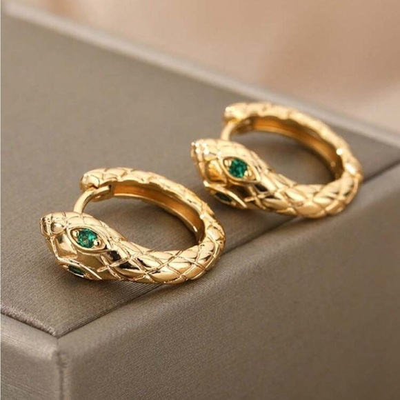 Anthropologie Gold Green Snake Earrings - Picture 3 of 4